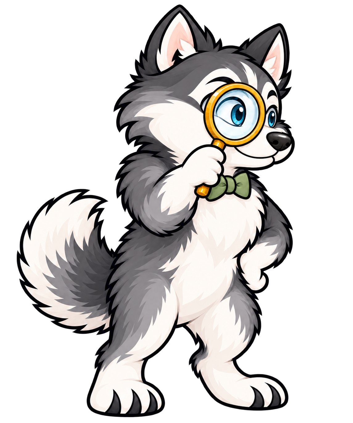 Le husky MisterLocly, son nœud papillon sauge et sa loupe dorée